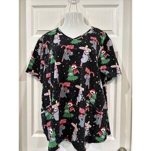 Scrubstar Christmas Tree Sloth Koala Scrub Top V-Neck Shirt Stretch Plus Size 3X